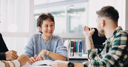 Law students chatting at table