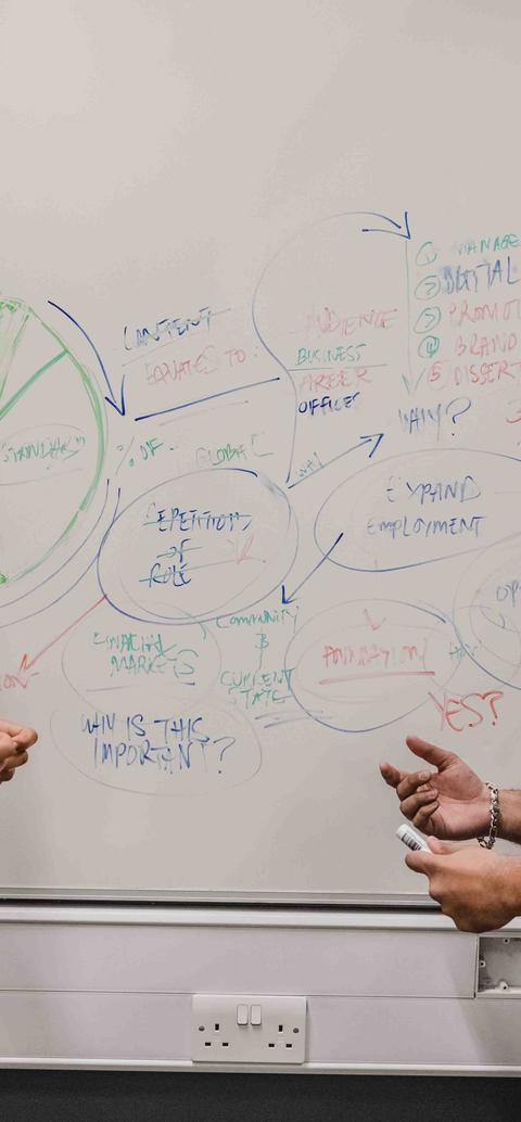 Business management students adding ideas onto a whiteboard