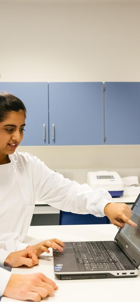 Two students in laboratory coats analysing scientific data together on a laptop in a sciences laboratory.