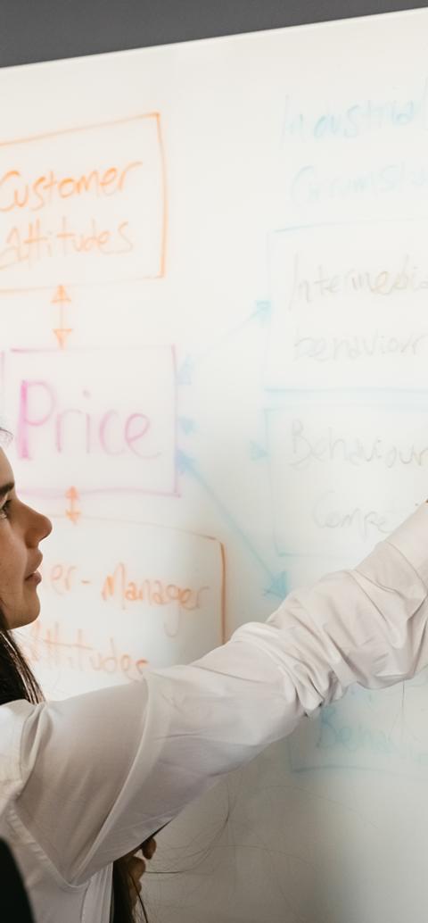 Students work together on a brainstorming activity using sticky notes in a business management class.
