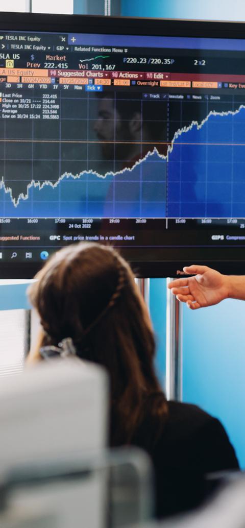 Students analyse financial charts and data visualisations during a computing seminar.