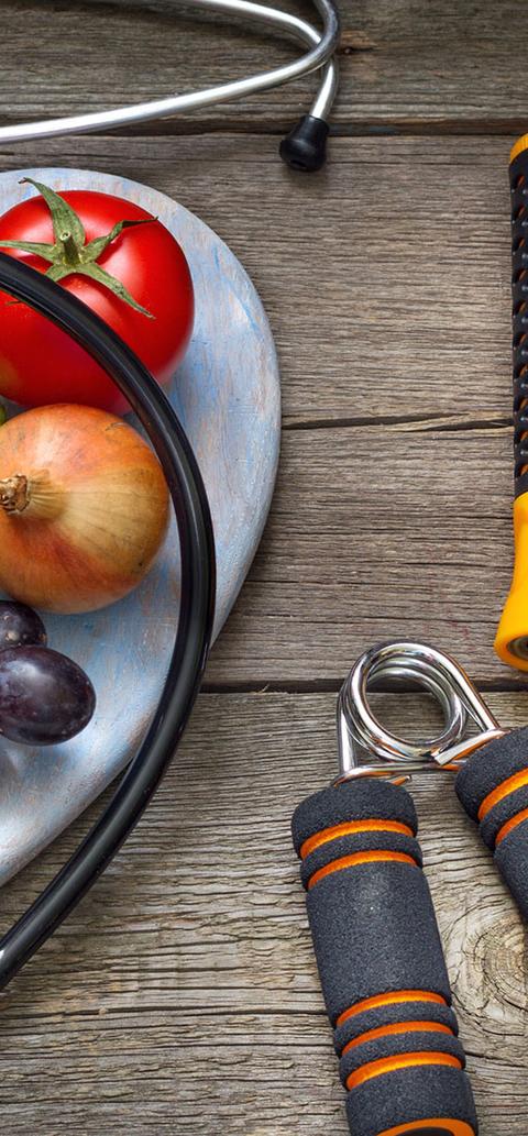 healthy food and gym equipment