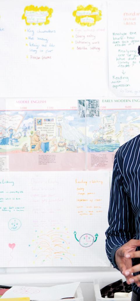A teacher standing in front of a display of work