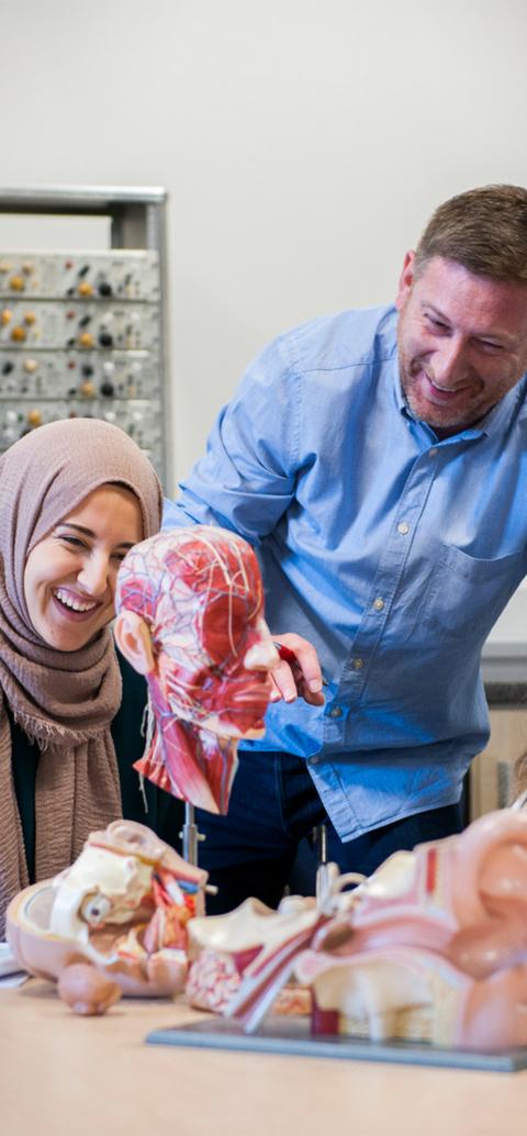 Students looking at a brain sculpture