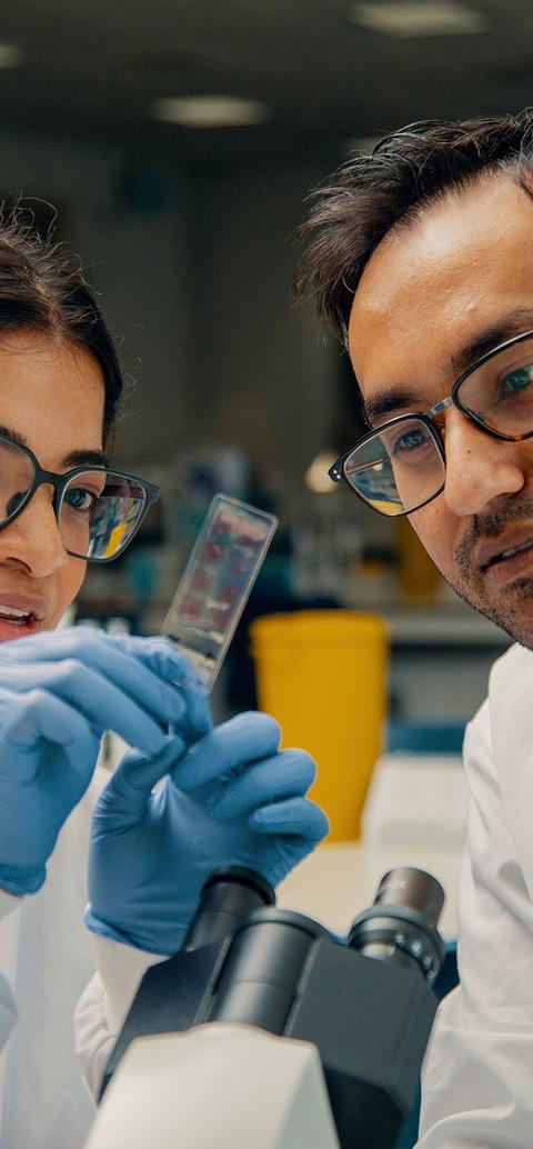 Female and male student testing in a lab
