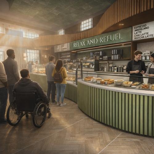 Artwork by Interior Design student Rebecca Shaerf showing a cafe that is autism friendly