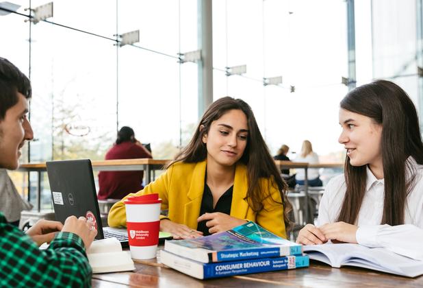 Business students discussing work in university cafe