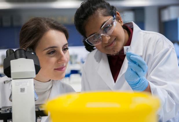 Two students working in a lab