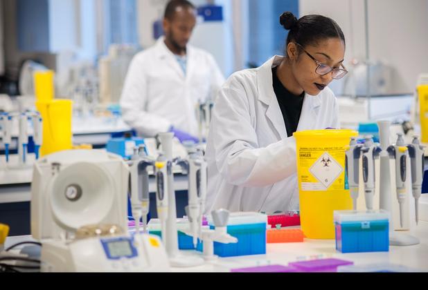 A female scientist in a white lab coat concentrates on her project. She meticulously carries out experiments in a laboratory setting.