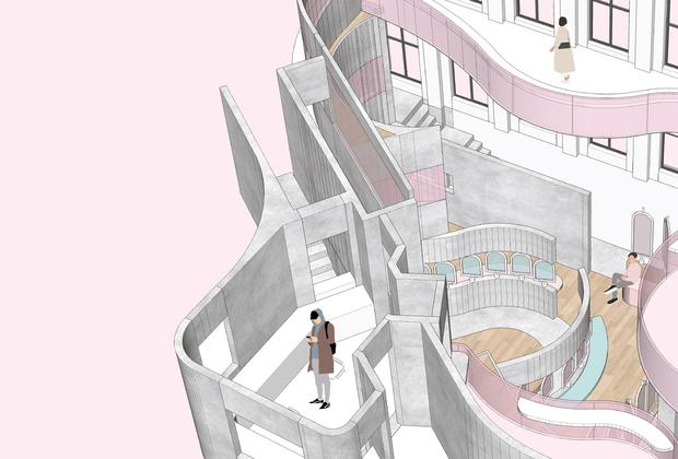 An architectural illustration in pastel colours of a building with stylised people walking around