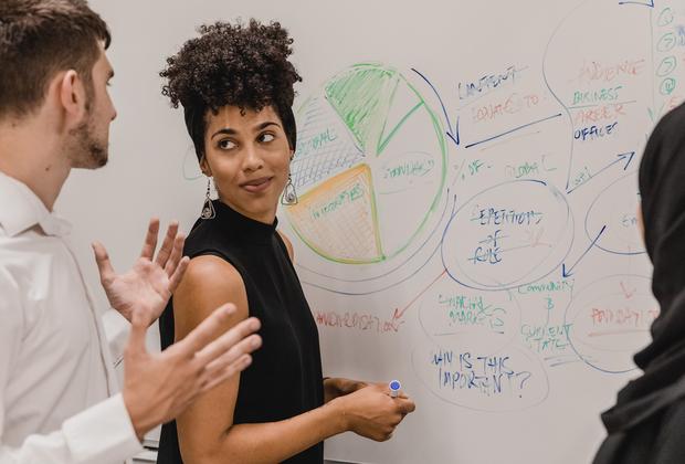 Students discuss ideas and present information on a whiteboard during an international business workshop.