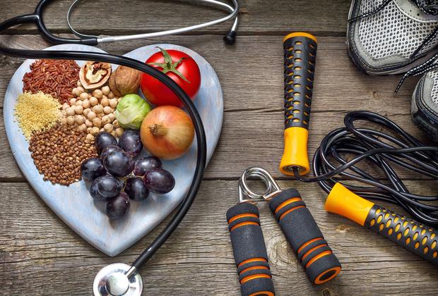 healthy food and gym equipment
