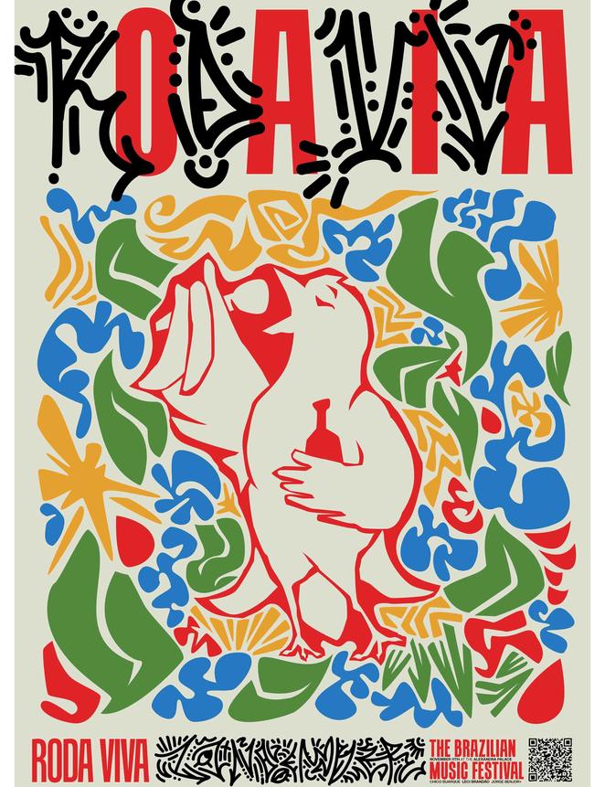 A poster including a bird and a colourful background
