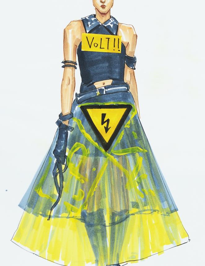 A yellow and electricity inspired outfit design created by third-year student Geng Haoren as part of a project exploring gender-neutral and inclusive fashion branding.