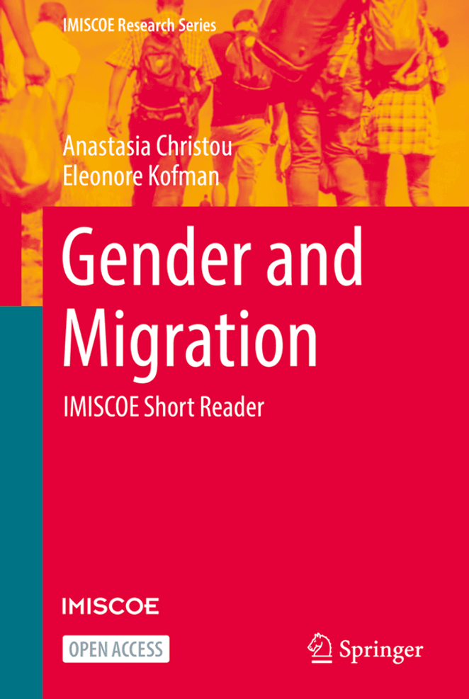 Red book cover over yellow-bleached photo of people walking with backpacks. Title: Gender and Migration - IMISCOE Short Reader. Authors: Anastasia Christou and Eleonore Kofman. Publisher logos: IMISCOE Open Access and Springer.