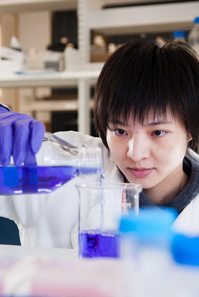 student in lab coat pours purple liquid into beaker