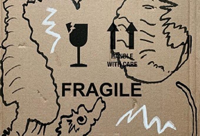 What the Seagrass Says, limited edition print by Heather Phillipson which features outline drawings of three seahorses with comical expressions on a piece of cardboard packing