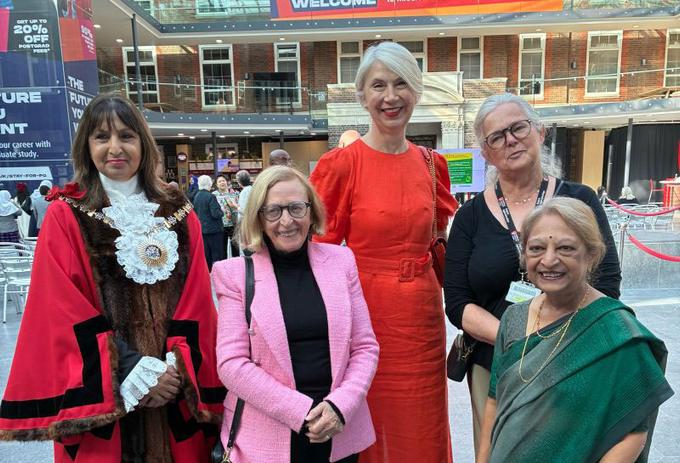 Middlesex Vice-Chancellor Professor Shân Wareing, Age UK Barnet Chief Executive Helen Newman and the Mayor of the London Borough of Barnet, Councillor Zahra Beg celebrate Silver Sunday event