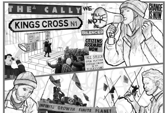 Artwork by Interior Architecture student Alex Smith showing a black and white montage of local life in north London