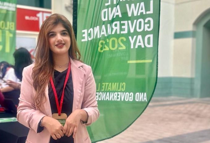 Tayba Jamil outside the Middlesex University Dubai Climate Law event