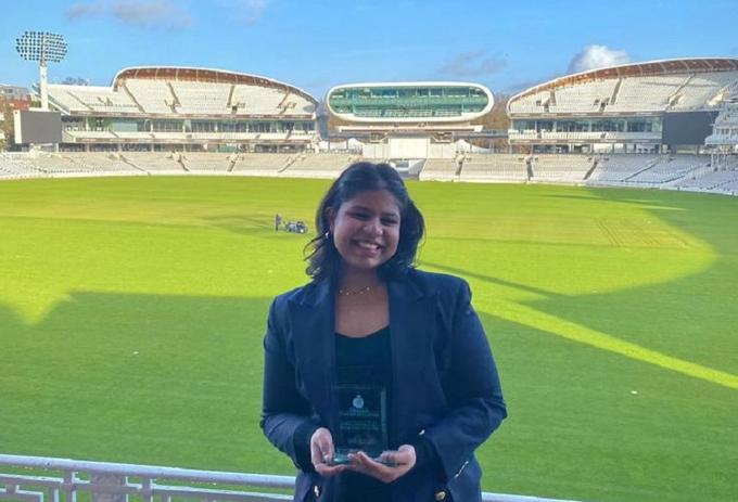 Adithi Banerjee receives Young Coach of the Year award from Middlesex Coaching Association at Lord's Ground