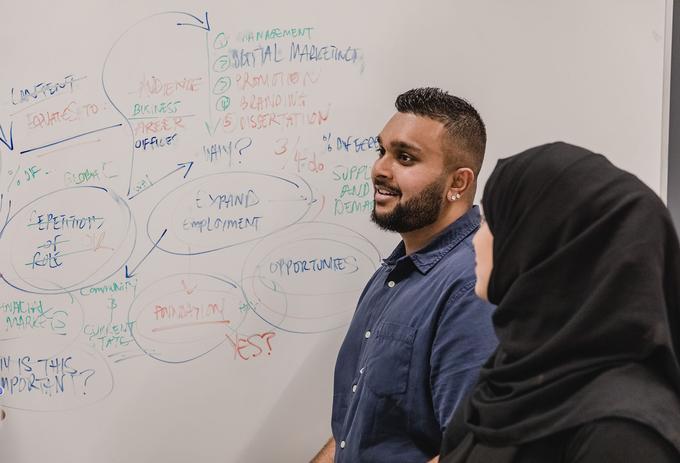 two students stand in front of whiteboard with business plans