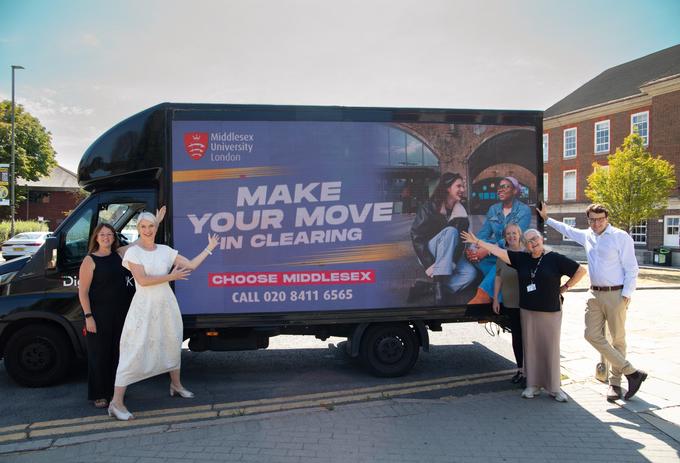 Clearing messaging being advertised on a middlesex van with Professor Shân Wareing, Middlesex University Vice-Chancellor