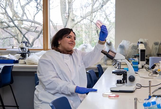 A female scientist in a lab holds up a tube