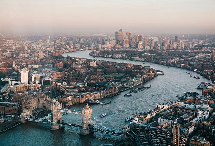 An aerial view of the River Thames and centre of London