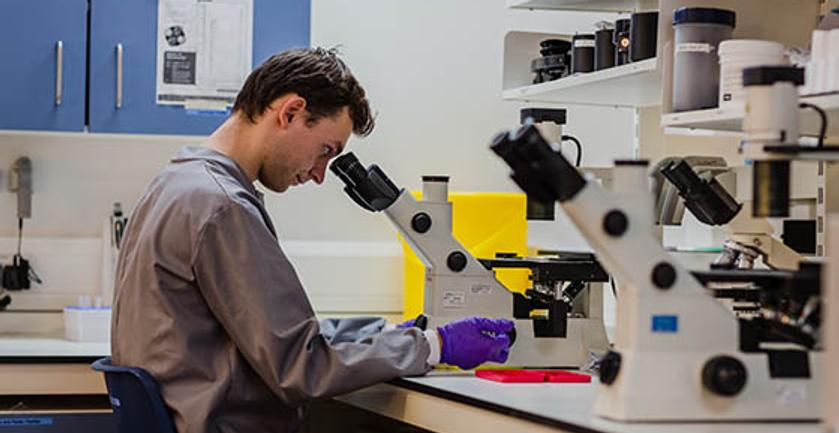 A scientist in a lab coat examines a microscope, focusing on the tiny details of a specimen.
