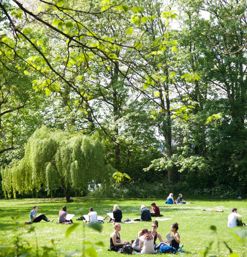 middlesex university students relaxing in the sunshine in the green spaces on campus in hendon