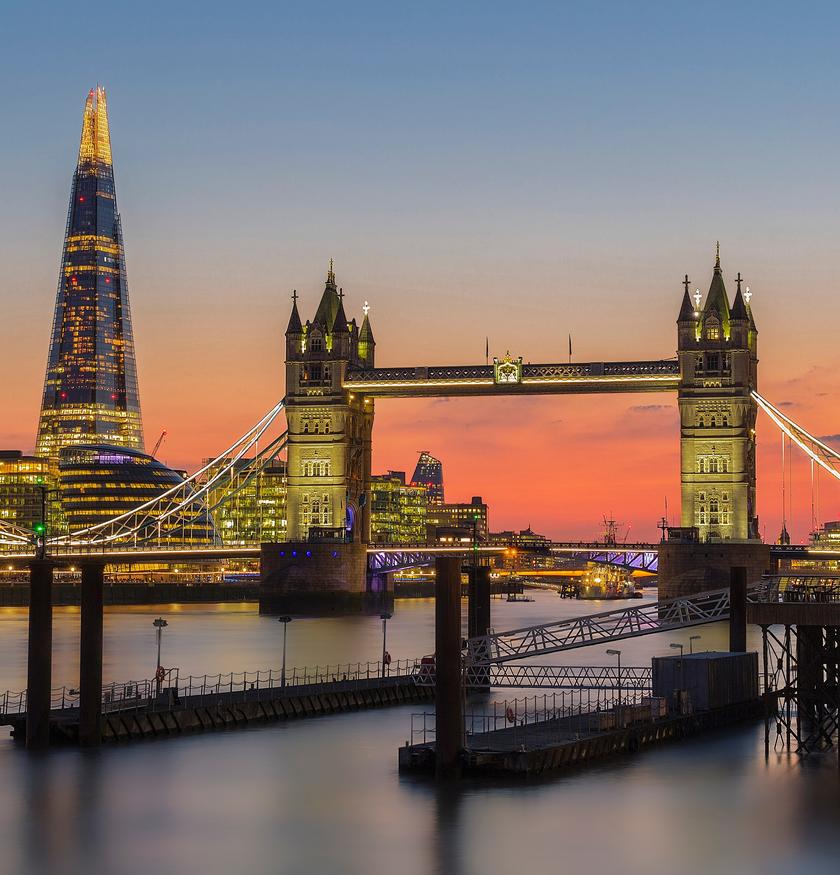 The London Skyline showing the Shard and Tower Bridge at sunset
