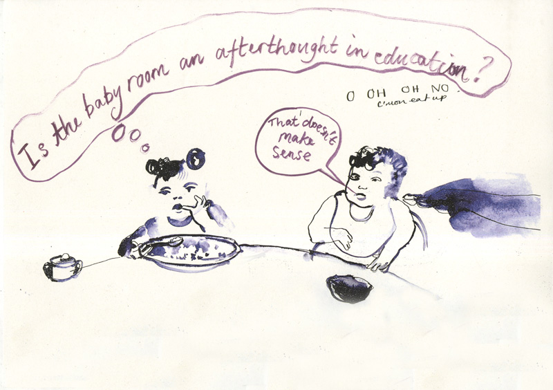 A hand-drawn cartoon of two babies being fed with a humorous  caption