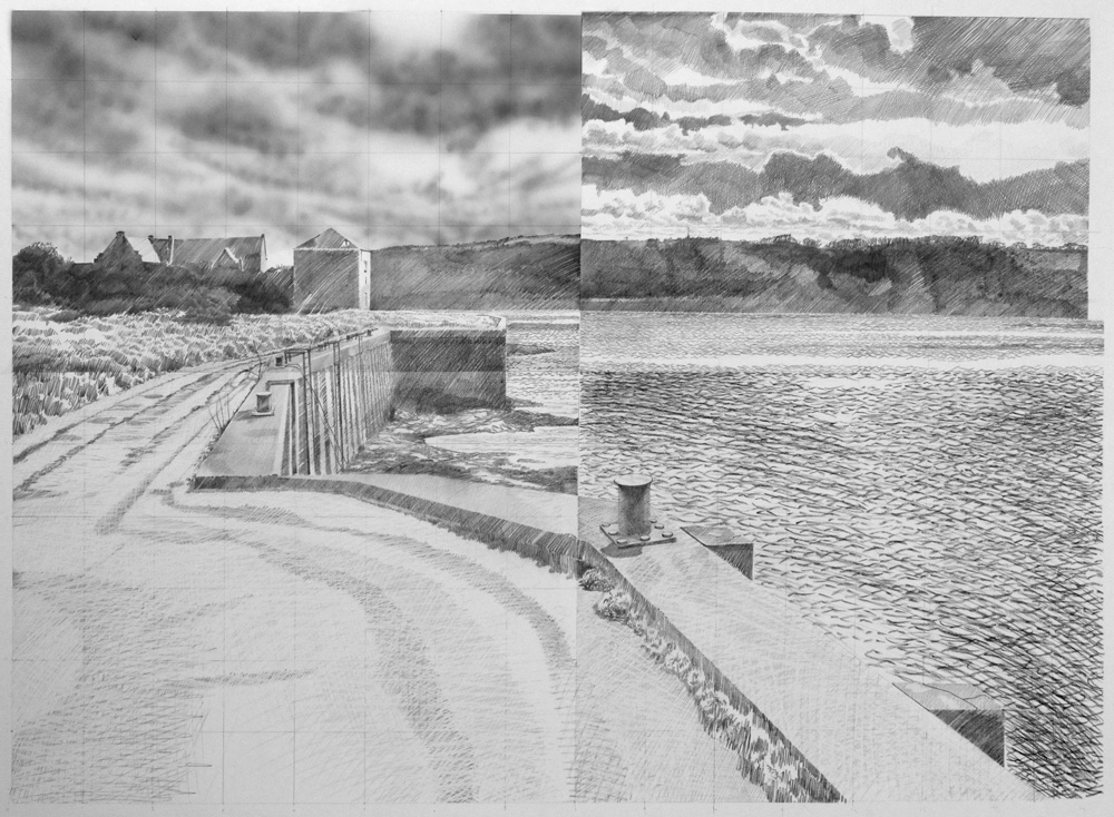 A drawing of sea defences at a coastal town, with clouds and sea