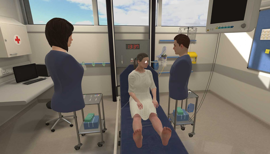MDX virtual hospital ward features a nurse and patient in a hospital room.