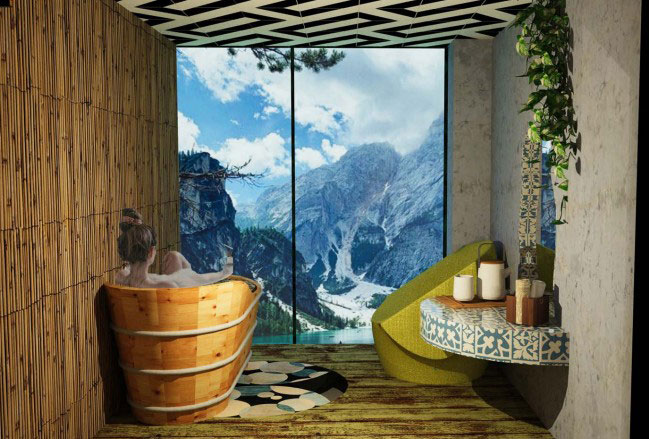 Room in a spa with a bath and mountain scene in background