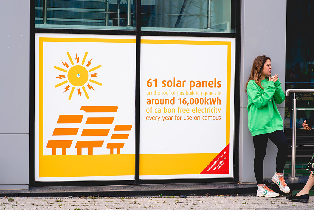 Solar panel signage on a university campus