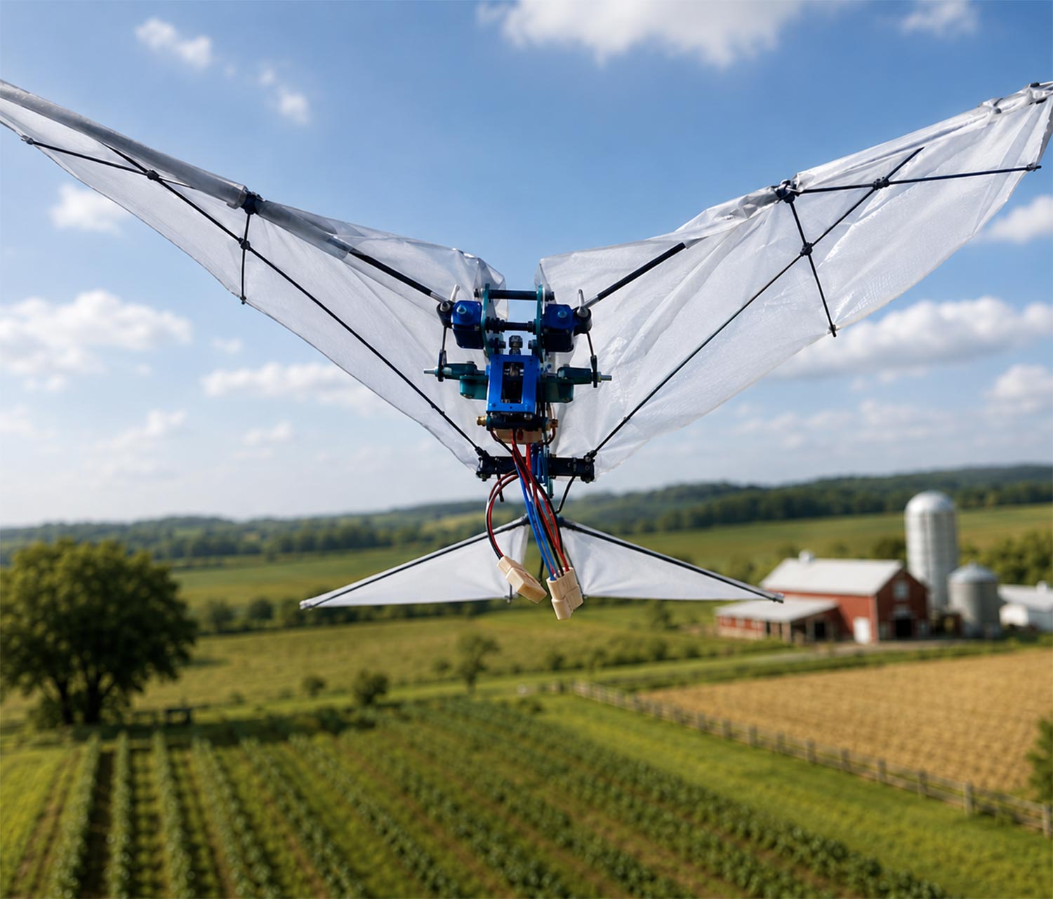 An engineered ornithopter flying over fields and farmland.