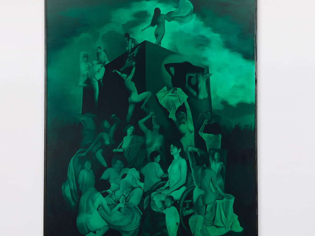 Painting of group of people lit up in green