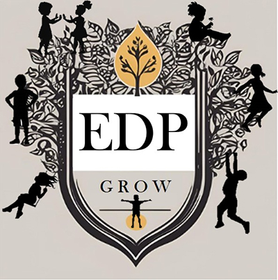 Cres, with trees and silhouettes of children and text: EDP Grow