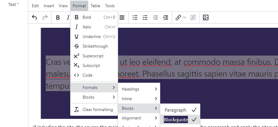 Screenshot showing adding the blockquote format