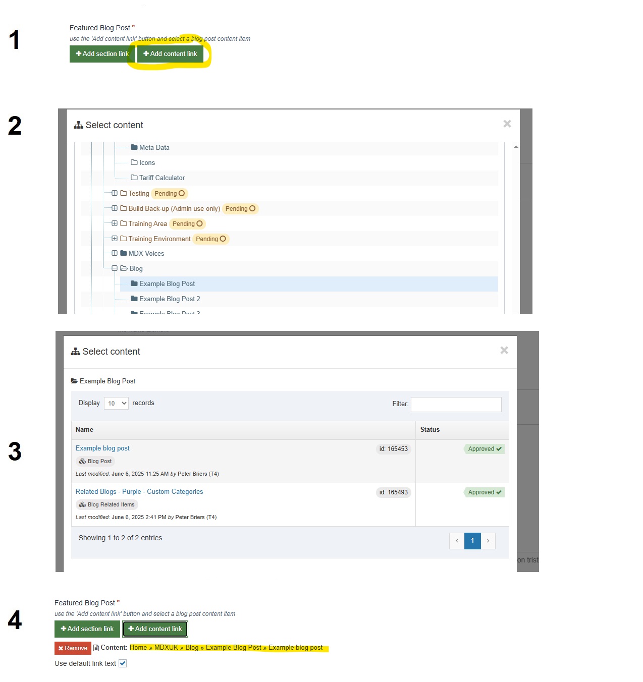 Steps showing how to content link to a Blog Post content item