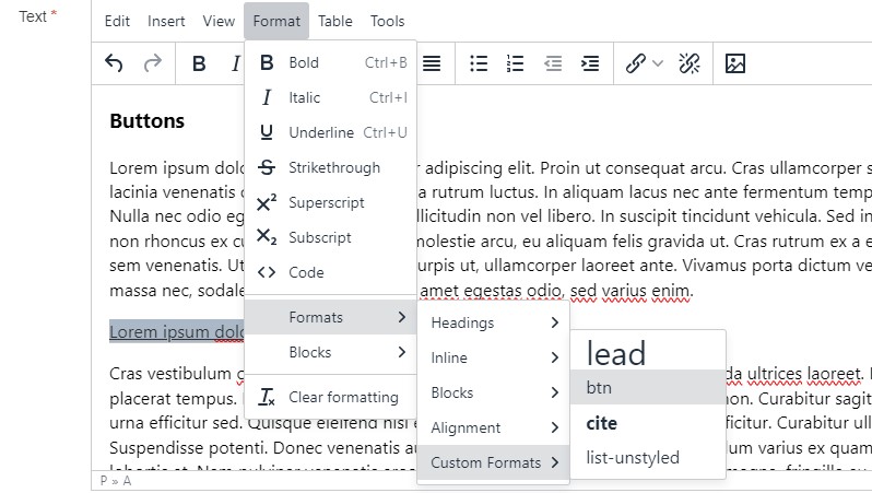 Screenshot showing how to add the btn custom format