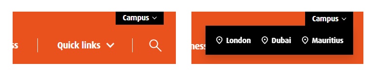 Screenshots showing the campus menu in the header open and collapsed