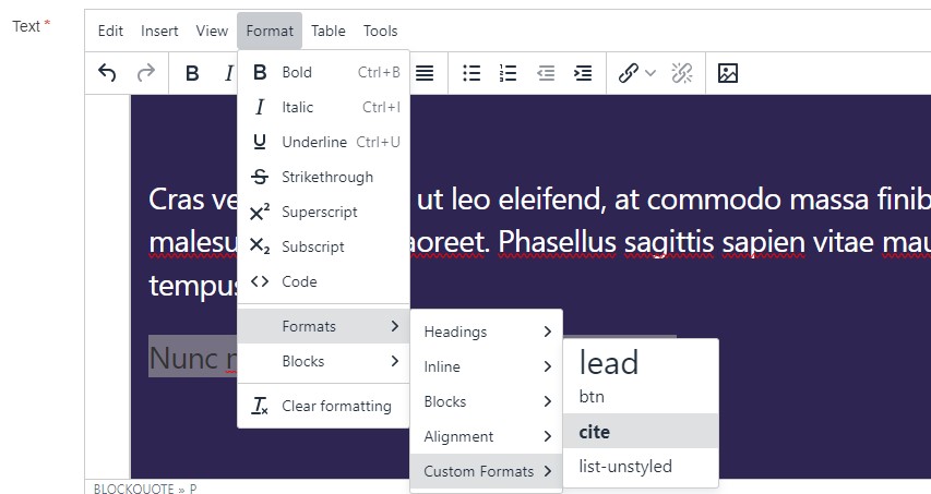 Screenshot showing adding the cite custom format