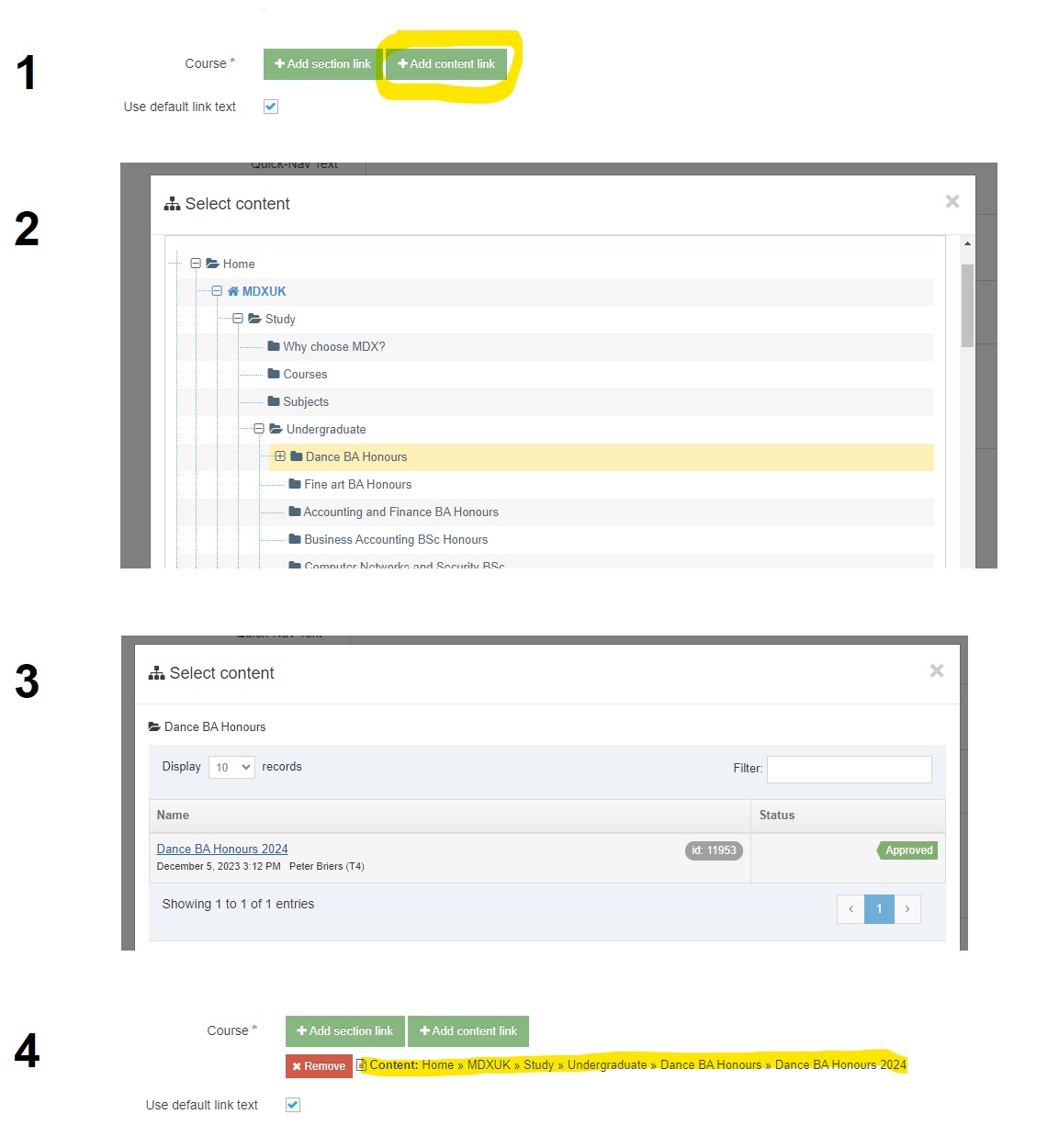 Screenshots showing steps of how to add a Course for the Carousel - Courses content type