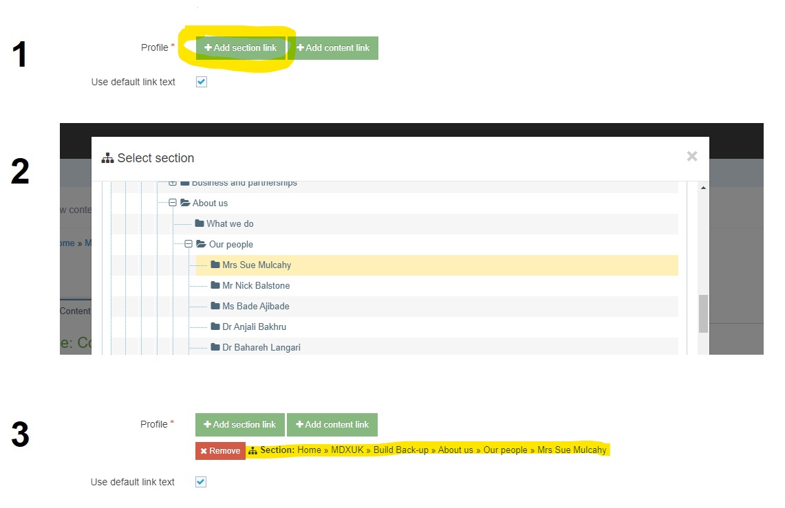 Screenshot steps to select a Profile content item from the Site Structure