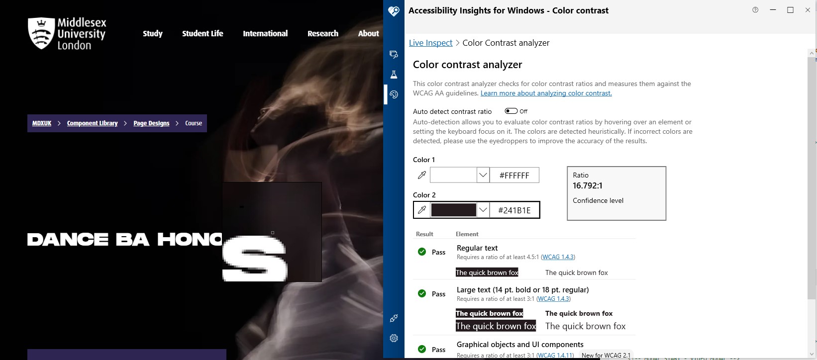 Screenshot showing testing the color contrast around the text of a Course Masthead