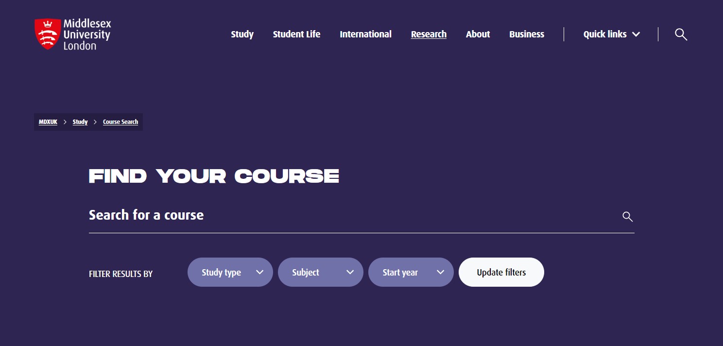 Screenshot showing example Course Search Masthead output