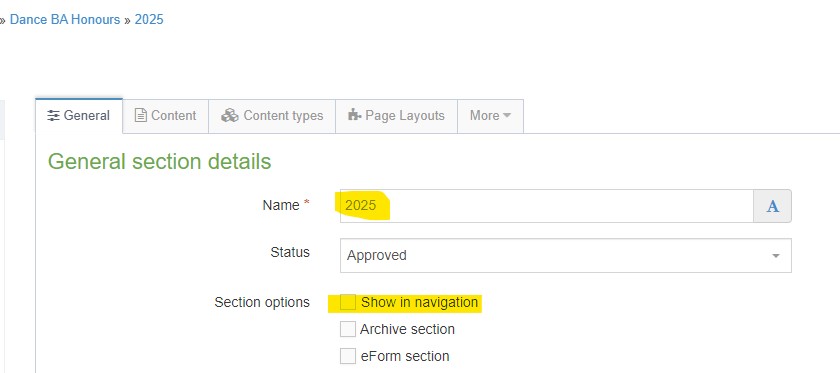 Screenshot showing recommended set up for a course child section in T4
